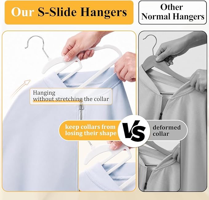 Velvet Hangers 50 Pack, S-Shaped and Stackable Non Slip with 360°Swivel Hook, Ultra Thin and Space Saving Flocked, for Suits, Shirts, Coats, 15Lbs Capacity Heavy Duty, White