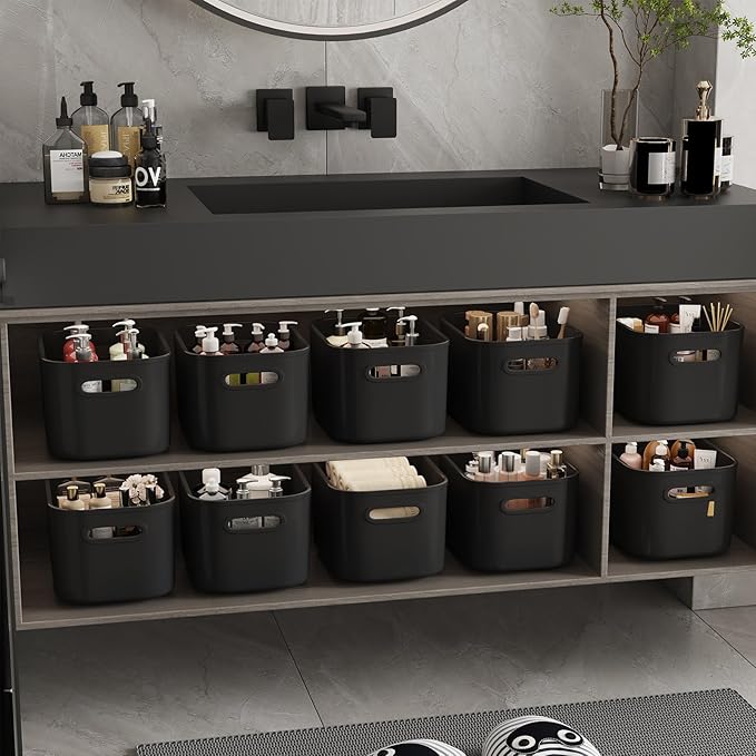 ORGIDOL 10 Pack Black Plastic Storage Bins, Storage Container for Organizing, Storage Boxes with Handle for Shelves, Cute Organizer Bins for Craft, Snacks, Pantry, Cabinet, 9.69x6.7x5.7 inch
