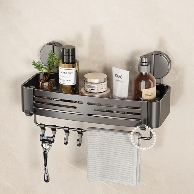 VOLPONE Shower Caddy Suction Shower Shelf No Drilling Shower Organizer Suction Cup Shower Storage Rack Aluminum Wall Mounted Shampoo Holder with Towel Bar Hooks (1-Pack, Matte Gray)