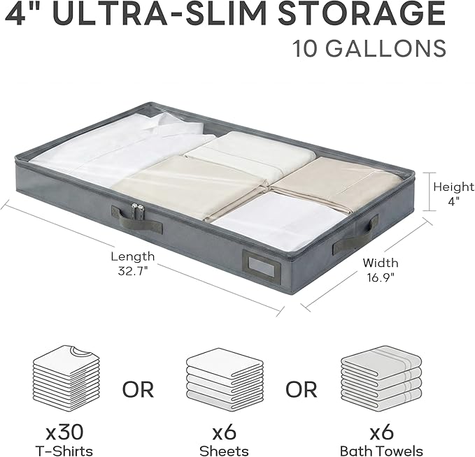 4-Inch Under Bed Storage Containers (2-Pack) | Sturdy Sidewalls | Clear Cover & Label Holder | Foldable Fabric Closet Bin Organizer | Stores Clothing/Blankets/Sweaters/Sheets