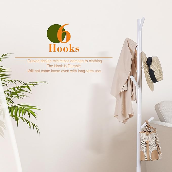 VECELO Coat Rack Freestanding, Entryway Hanger Stand, Umbrella Holder, Hall Tree With Hooks, Floor Standing Metal Tree Stand,White