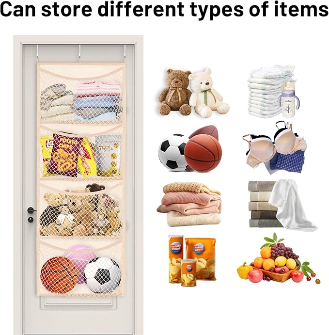 Wide Over The Door Stuffed Animal Storage, Cotton Toy Organizer for Plush Toys, Baby Supplies, Stuffed Animal Holder with 4 Large Pockets, Hanging Door Organizer for Nursery, Bedroom, Kids Room