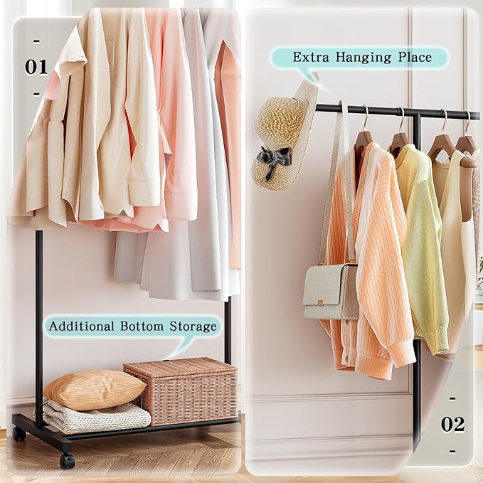SUOERNUO Clothes Rack with Wheels Rolling Clothing Rack for Hanging Clothes, Portable Metal Garment Rack for Bedroom Laundry Living Room (Black, 59.05"*15.75"*59.45")