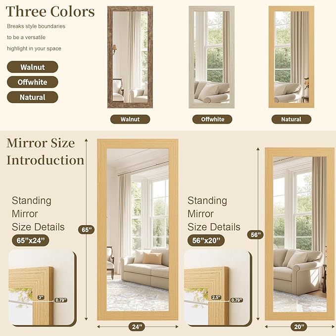 Syndra Modern Full Length Mirror Wood Frame, 65x24'' Large Floor Mirror with HD Tempered Glass & Wall Mount Option, Rectangular Standing Mirror for Bedroom, Living Room, Entryway, Farmhouse(Natural)