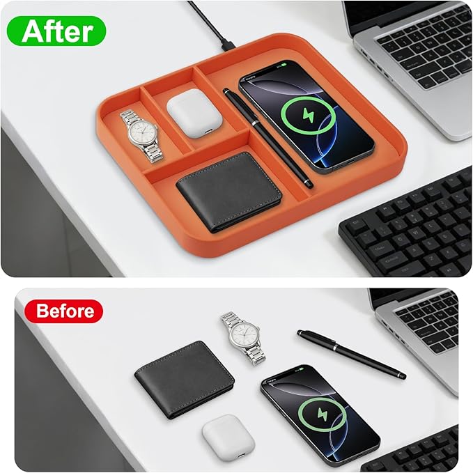 VOVIPO Faux Leather Valet Tray,with 2 in 1 Wireless Charging Compitable With iPhone/17/16/15/15 Plus/15 Pro/15 Pro Max/14/13/12/Wireless earphones,Office/Home Desk Organizers Tray-Orange