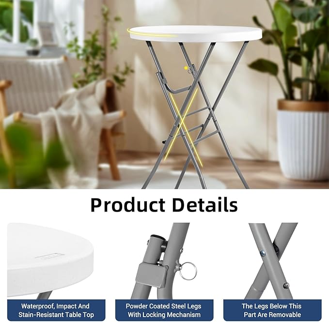 Byliable 28in Cocktail Table White High Top Folding, Round Portable Bar Height Folding Table with Removable Legs, Indoor Outdoor Banquet for Parties, Commercial, Speech, School