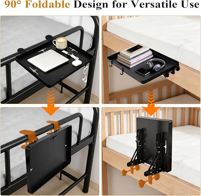 Bedside Bunk Bed Shelf for College Dorm Essentials, Bedside Caddy with Cable Catch & Bedside Organizer, Floating Nightstand for Bed Room, Office, Dorm Room, Metal Beside Tray, Bed Table, Black