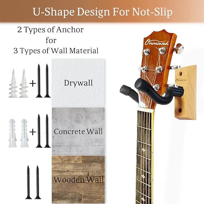Onmiwod Guitar Wall Mount 2 Pack, Ash Hardwood Guitar Hanger, U-Shaped Guitar Wall Hanger Mount, Guitar Holder Hook Stand Wall for Acoustic, Electric Guitar, Banjo, Bass, for Guitar Player Men Boy