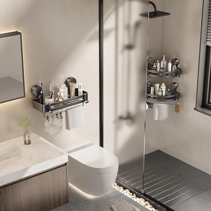 VOLPONE Shower Caddy Suction Cup, Corner Shower Shelves No Drilling, Showers Organizer Storage with Towel Bar & Removable Hooks, Bathroom Shower Shelf Rack for Inside Showers, Square