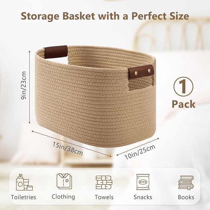 ECDYQXVU Cotton Rope Basket, Storage Baskets with Handle, 15x10x9 Inch Woven Basket for Shelves, Laundry, Towels, Clothes, Books (Jute/Brown 1Pack)