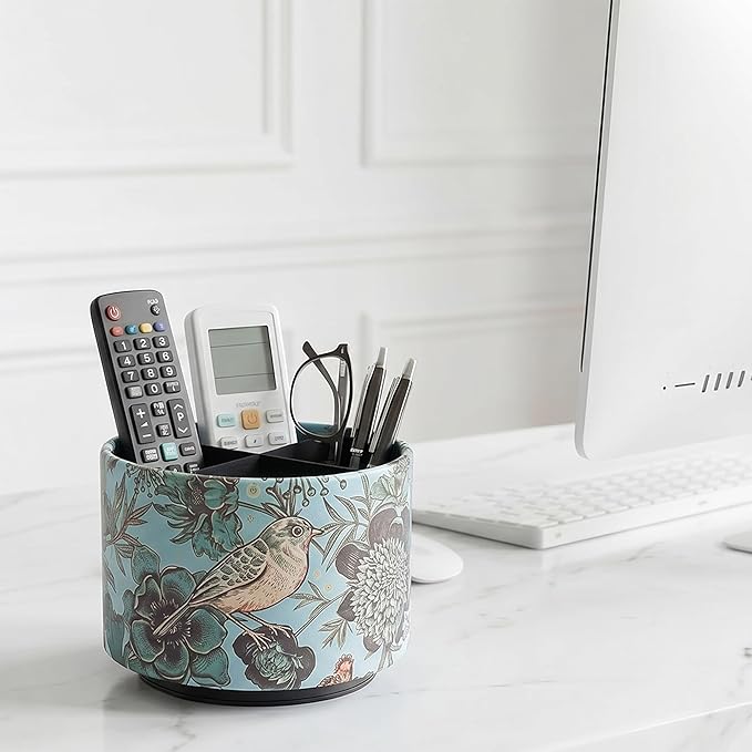 Round Leather Art Supply Organizer,Remote Control Holder,360 Degree Spinning,Multi-Functional Pencil Holder,4 Compartments Desktop Stationary Organizer(1-Green Bird)