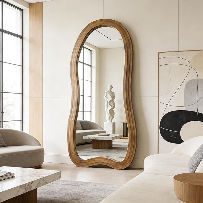 Irregular Full Length Mirror, 71"x33.5" Oversized Organic Floor Mirrors with Triple-Layer Solid Wood Frame, Asymmetrical Full Body Mirror for Living Room Entryway Hallway, Leaning/Hanging