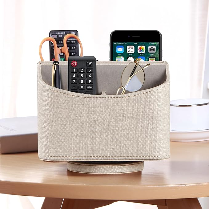 PUSU Leather 360°Rotatable Remote Control Holder,Nightstand TV Remote Caddy,Office Supplies Desktop Organizer,Spinning Storage Box for Pen,Mail,Phone,DVD, Blu-Ray, Media Player, Heater Controllers