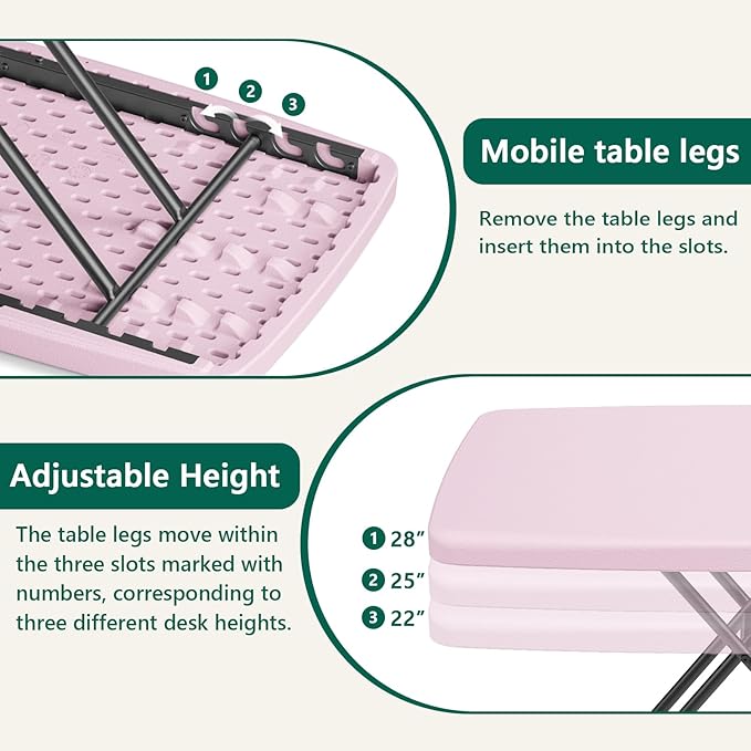 Folding Table 30 Inch - Small Desk Adjustable Height TV Tray for Laptop, Couch, Camping - Heavy Duty Utility Foldable Table for Small Spaces, No Assembly Required, Pink Granite