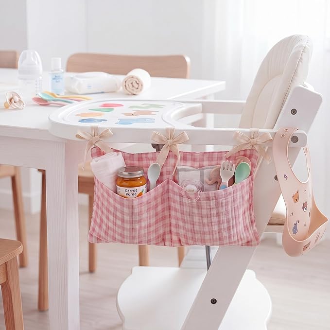 Gingham Crib Organizer Hanging Cotton Baby Bedside Hanging Storage Bag Storage Crib Organizer Baby Nappy(Pink)