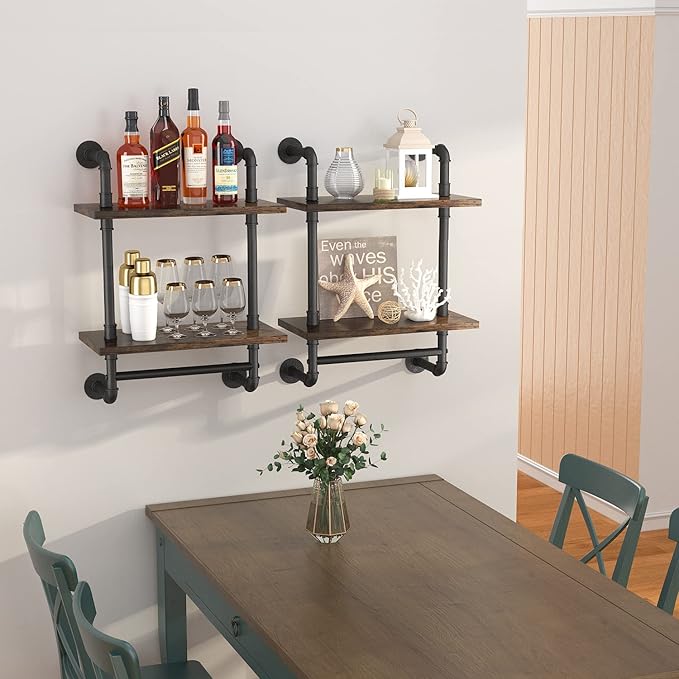 Helsin 2 Tier Industrial Pipe Floating Bathroom Shelves Wall Mounted with Towel Bar, Rustic Wood Wall Shelf, 16 Inch Metal Towel Rack Storage Bookshelf for Bathroom, Kitchen, Farmhouse, Living Room