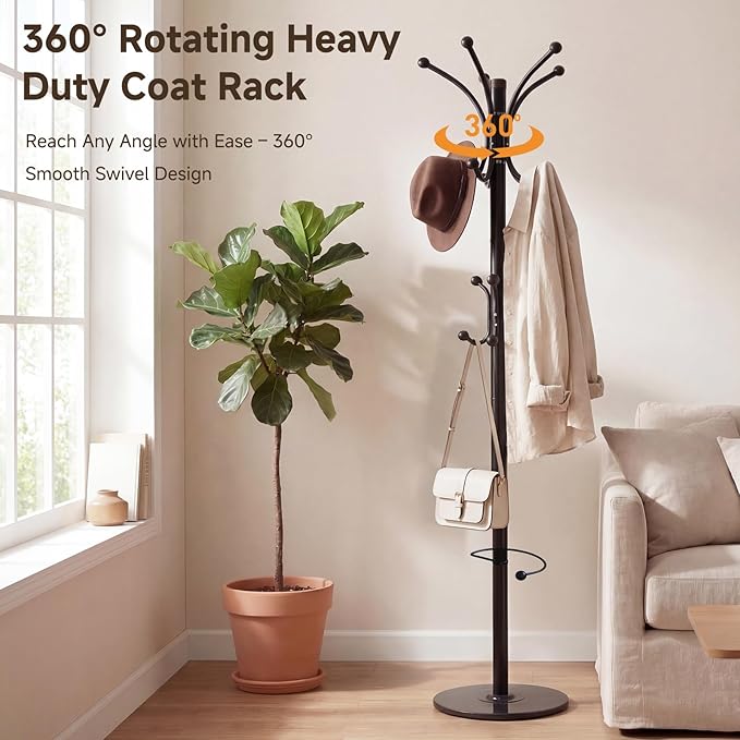 Metal Coat Rack Freestanding with Natural Marble Base, 360° Roraty Coat Rack Stand with 16 Hooks & Umbrella Holder, Black Heavy Duty Coat Rack for Coats Hats for Entryway Bedroom (Black)