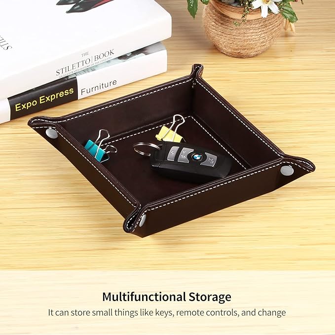 YAPISHI Valet Tray Leather Catchall Jewelry Tray Dice Box Bedside Tray Key Phone Coin Change Watches and Candy Holder Sundries Entryway Tray