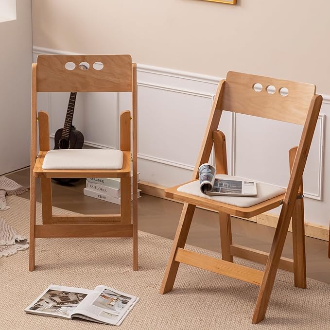 Wooden Folding Chair with Soft Cushion, Simple and Stylish, Comfortable and Durable, Suitable for Weddings, banquets and Events, 2 Sets, high backrest Natural，Linen pad