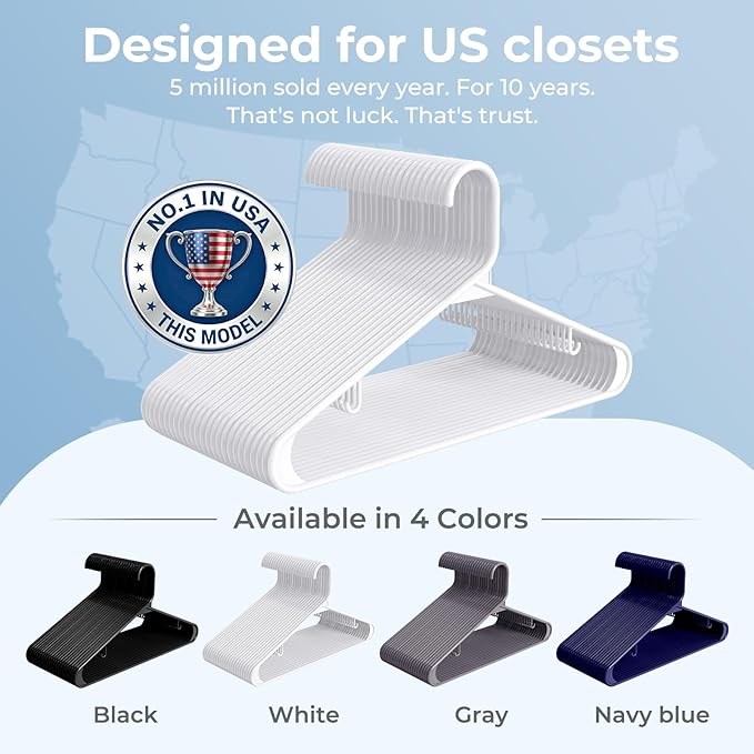 HOUSE DAY Plastic Hangers 20 Pack, Space Saving Clothes Hangers with Built-in Hooks, Durable & Strong Closet Organizers and Storage, Dorm Room Essential, Perfect for Shirts, Coat, Pants, Dress - White