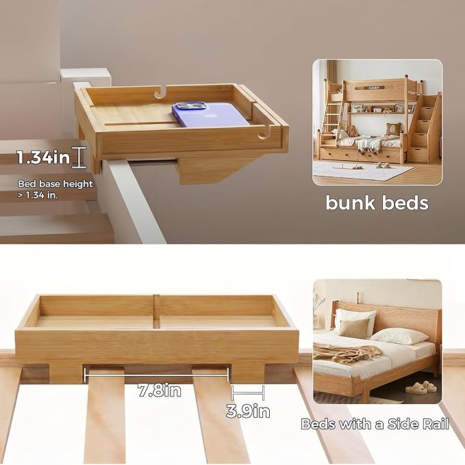 MinBoo Expandable Nightstand Shelf Bamboo College Caddy for Top Bunk Clip Bedside Shelf Floating Bed Side Table Tray Storage Dorm Room Decor College