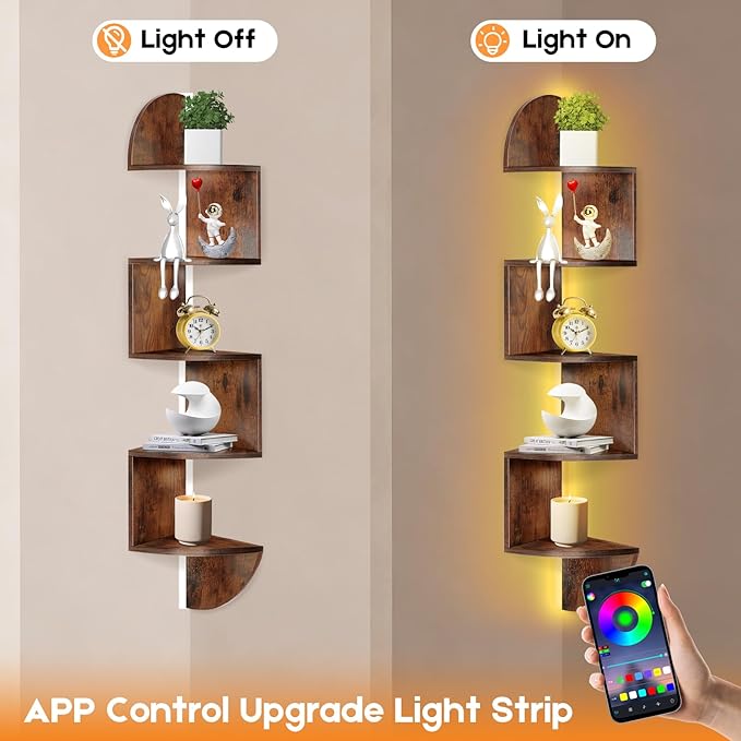 Corner Shelf, 5 Tier Corner Shelf Wall Mounted with Light, Corner Floating Shelves, Corner Bookshelf Stand for Bedroom, Bathroom, Living Room, Kitchen, Home (Rustic Brown)