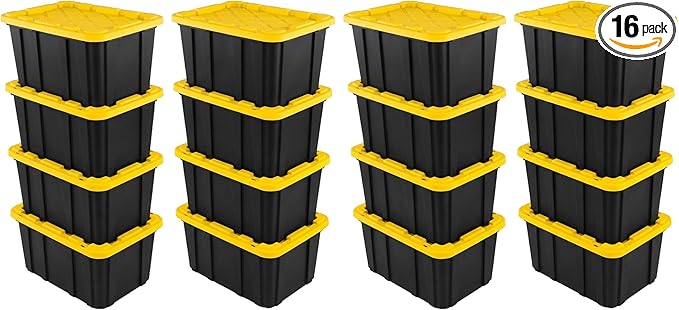 Sterilite 16-Pack Industrial Tote, Plastic Storage Container Bins with Lids, 27 Gallon - Large, Stackable, and Heavy-Duty Organizer Box Containers for Closet, Garage, Shelves, and Office