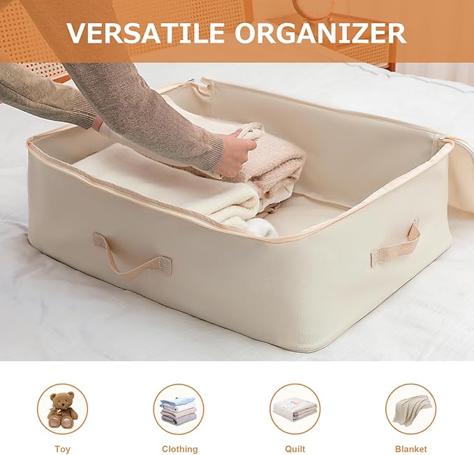 Surblue Clothing Storage Bags Clothes Organizer with Reinforced Handle Foldable Under Bed Storage Bags for Blankets Comforters Quilt Bedding Pillow,3Pcs, Beige