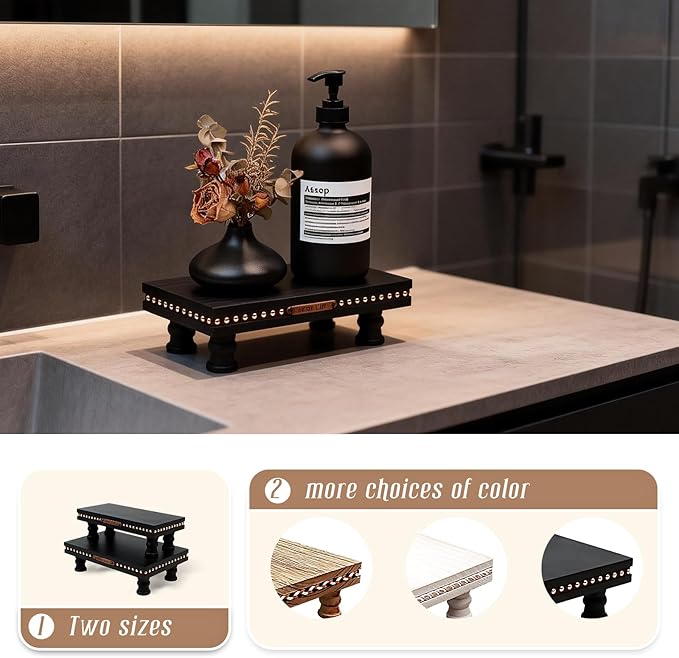Wood Tray Pedestal Stand, Waterproof Bathroom Counter Organizer, Modern Farmhouse Riser for Soap/Candle/Sponge Black Small