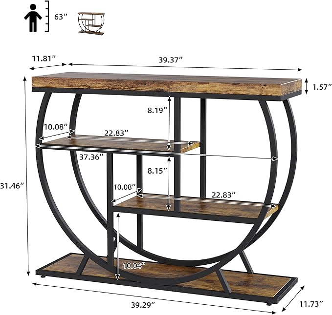 Garvee Entryway Table with Storage, Industrial 4-Tier Narrow Console Table Behind Couch with Half-Circle Base & Storage Shelves for Living Room, Hallway, Foyer