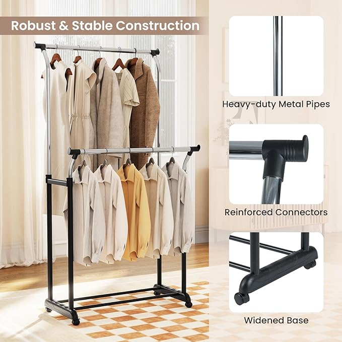 Giantex Double Rod Clothing Rack, Portable Garment Clothes Rack with Adjustable Height & Wheels, Heavy-Duty Metal Rolling Wardrobe Rack for Bedroom, Laundry, Dressing Room