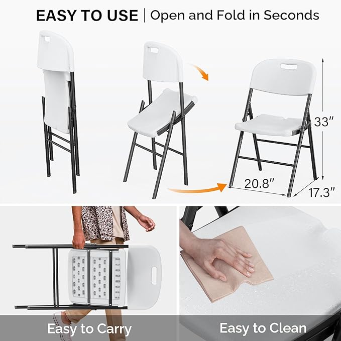 VINGLI Folding Chairs, Heavy Duty Foldable Chair Portable HDPE Plastic Seat with Steel Frame for Indoor Outdoor Dinning Party Wedding School Use, White, 2 Pack