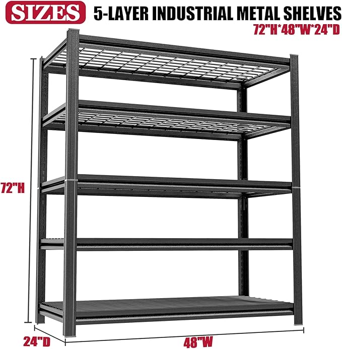 48"W Garage Shelving 3000Lbs Storage Shelves Heavy Duty 5 Tier Adjustable Metal Shelving Unit Garage Storage Wire Shelves for Basement, Warehouse, Commercial 47.2" W × 15.7" D × 72" H , Black