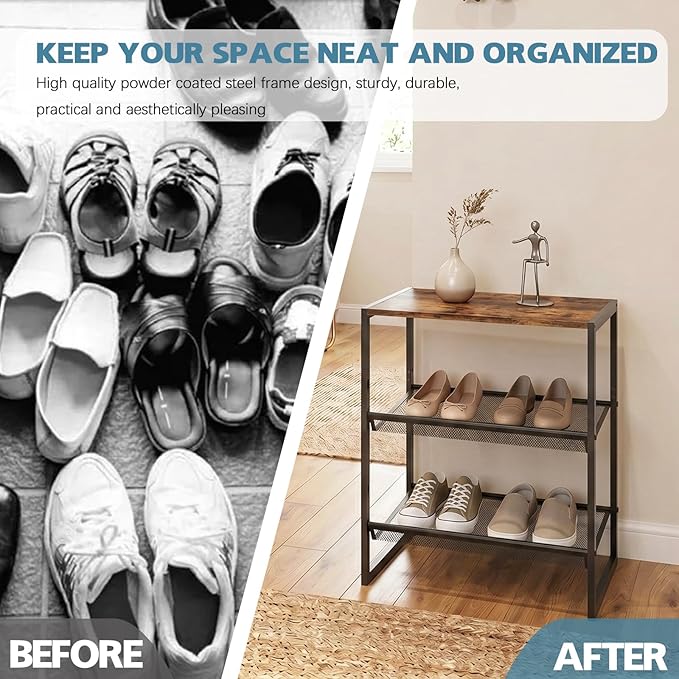Shoe Rack，3 Tier Shoe Storage Organizer，Sturdy Shoe Shelf,Boot Rack with a Fine Mesh Shelves，for Entryway, Living Room, Hallway，Small Space,11.8 x 16.5 x 19.7 Inches,Brown
