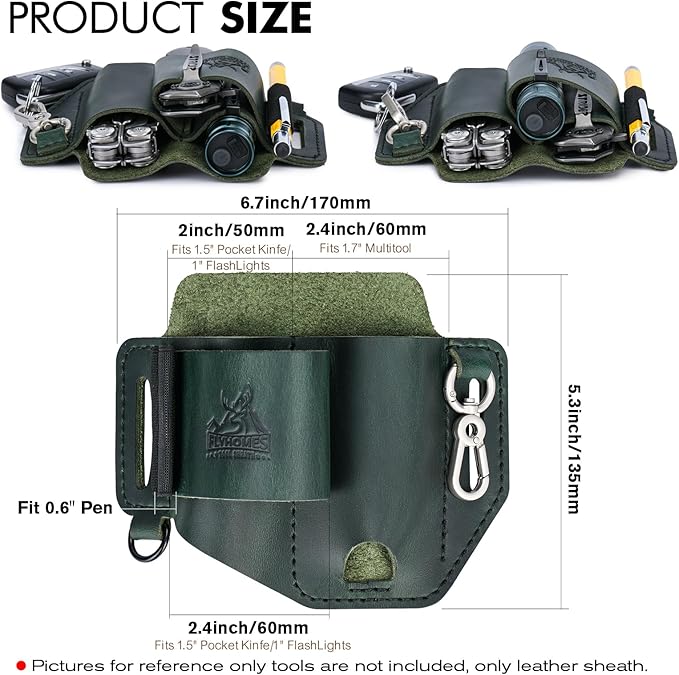 FLYHOMES Genuine Leather Multitool Sheath | Handmade Stitched EDC Belt Organizer for Leatherman Surge | Flashlight, Knife Holster, Pen & Tools Pouch | Dark Green (Large)
