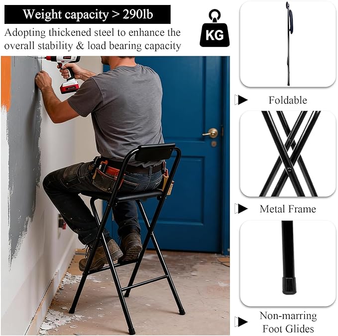 Folding Stool with Back,1Pcs Height for Kitchen Counter & Bar Table, Extra Thick Cushion, Heavy Duty, Portable Chair for Camping,Music Practice, Standing Desk – No Assembly Required 29.5 Inch