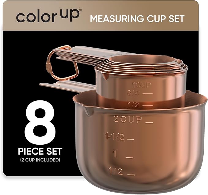 Color Up Measuring Cup Set, 8 Piece – Includes 2 Cup, Copper Finish, Stainless Steel, Accurate for Wet & Dry Ingredients, Embossed Markings, Easy-Pour Spouts, Dishwasher-Safe, Kitchen Essential