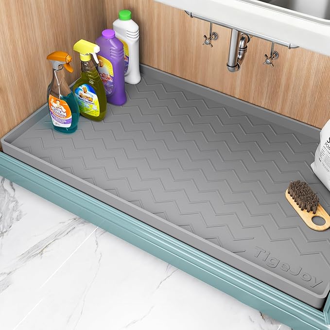 Tigejoy Under Sink Mat 22"" x 19""- Waterproof Silicone Shelf Protector for Kitchen and Bathroom Cabinets, Under Sink Drip Tray Organizer, Mat for Kitchen Cabinet Organizers and Storage, Light Gray