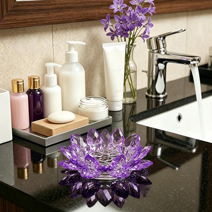 Crystal Flower Jewelry Tray, Transparent Decorative Trinket Dish for Rings, Earrings, Necklaces, Keys for Vanity Dresser Nightstand, Elegant Gift for Women Mother's Day (1, 6.3"(W)- Purple)