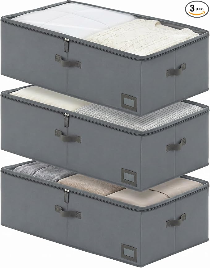 10-Inch Under Bed Storage Containers (3-Pack) | Sturdy Sidewalls | Clear Cover & Label Holder | Foldable Closet Organizer | Stores Clothing/Blankets/Wrapping Paper/Toys