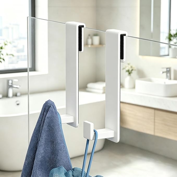 HUFEEOH Shower Door Towel Hooks, Stainless Steel Over Glass Door Hooks, Robe Hanger Fits Frameless Glass Shower Doors up to 3/8" Thick (White, Fits 3/8" Thick Door - L Shape - 2 Pack)