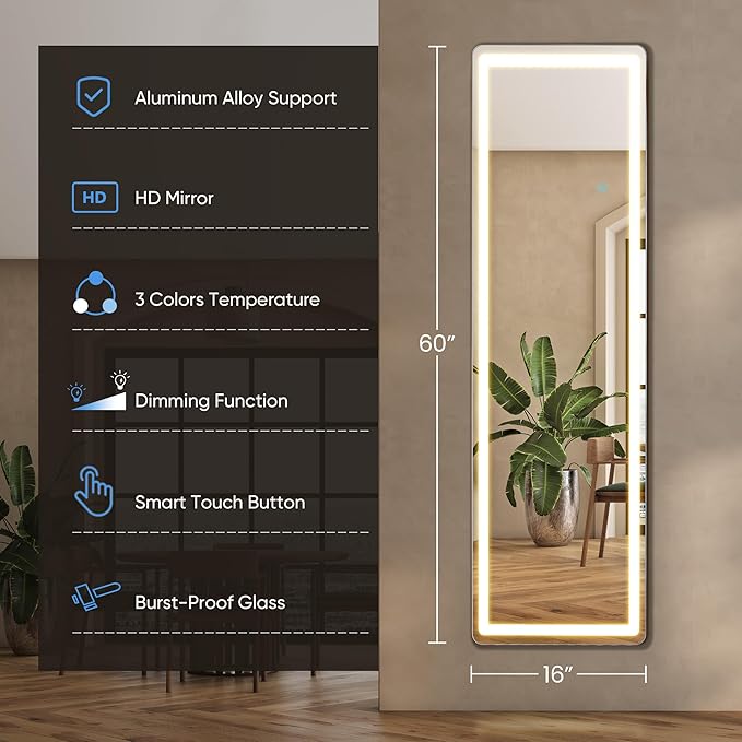 OLIXIS 16"×60" LED Full Length Mirror with Lights, Standing Lighted Floor Full Body Mirror with 3 Color Lighting, Wall Mounted Mirrors for Bedroom, Home, Entryway with Tempered Glass