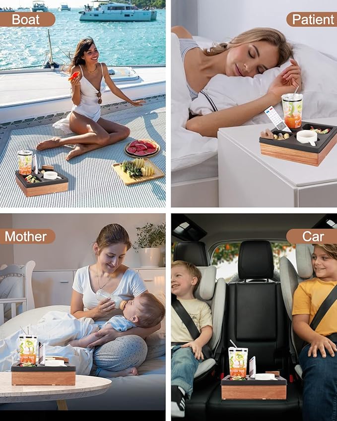 Couch Cup Holder Tray, Silicone Acacia Wooden Couch Caddy with Cup Holder for Snacks, Drinks, Remotes, Waterproof Cup Holder for Couch, Organizer, Movie Night Snack Trays