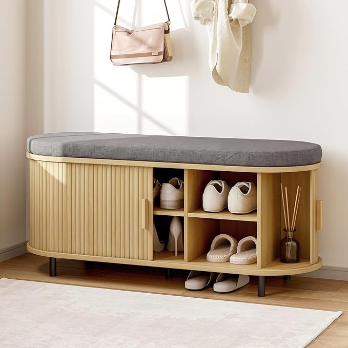 ONBRILL 43" Shoe Bench with Storage, Fluted Shoe Storage Bench with Cushion, Sliding Door and Adjustable Shelf, for Entryway, Hallway, Living Room, Oak