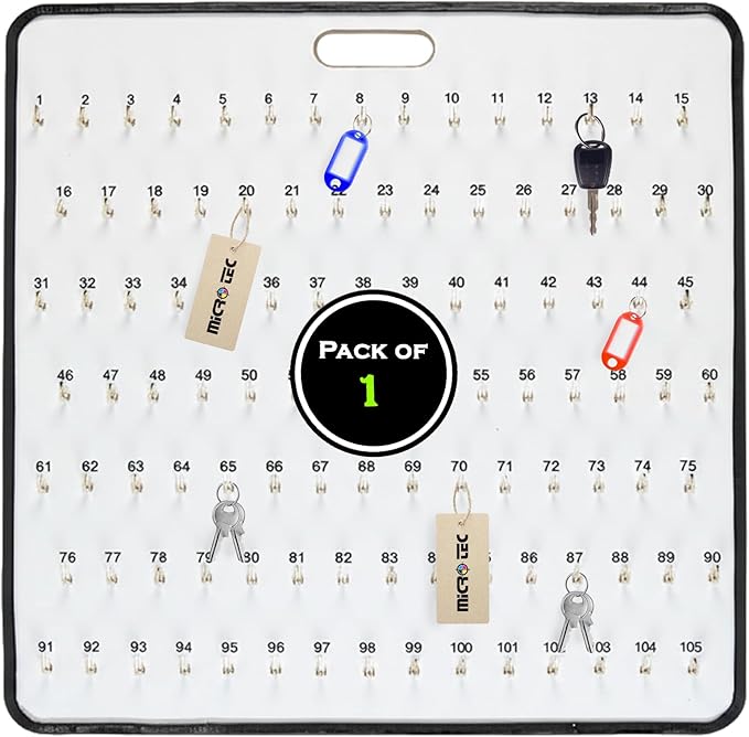 MICRO TEC Masonite Key Holder Wall Mount with 105 Spring Lock Hooks, 32" x 29.5" Heavy Duty Commercial Wall Key Organizer Rack for Dealership, Fleet, Garage, Office & Automotive Storage - Pack of 1