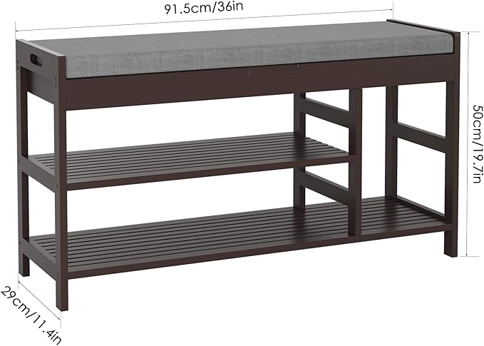 HIFIT 2-Tier Entryway Shoe Rack Bench with Storage, 36 in Bamboo Storage Bench with Padded Seat, Shoe Oiganizer Shelf for Entryway Mudroom Bathroom Foyer, Vintage