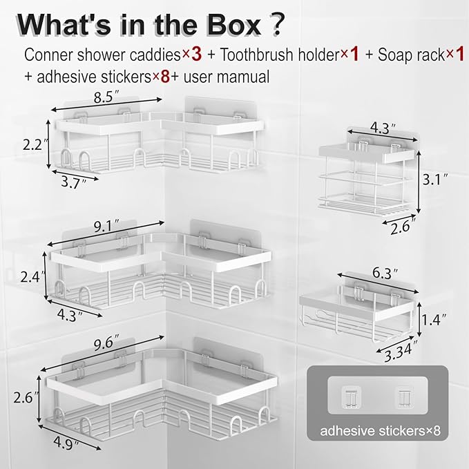Liuoud Corner Shower Caddy 5 Pack, Rustproof Stainless Steel Shower Organizer with Soap Rack Toothbrush Holder, Large Capacity Adhesive No Drilling Bathroom Kitchen&Home Decor Set, White