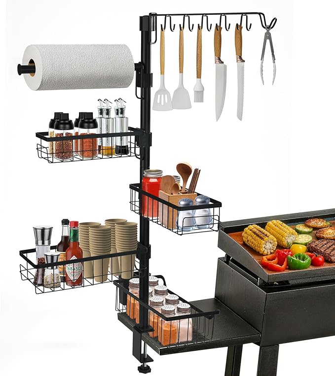 10-in-1 Griddle Caddy, Outdoor BBQ Organizer Rack with Paper Towel Holder, Utensil Hooks & Condiment Basket, Barbecue Accessories Storage Station for Camping Kitchen, Patio, Ideal Gift for Men, Dad