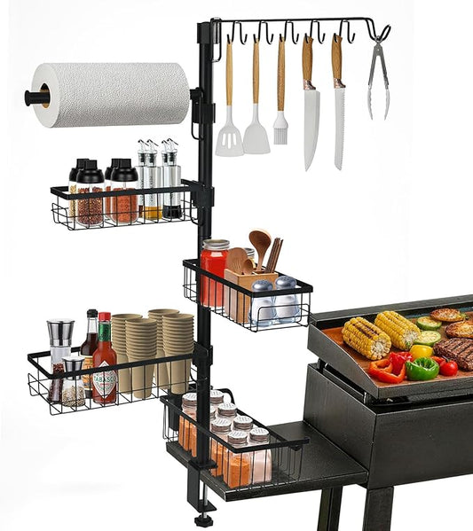 10-in-1 Griddle Caddy, Outdoor BBQ Organizer Rack with Paper Towel Holder, Utensil Hooks & Condiment Basket, Barbecue Accessories Storage Station for Camping Kitchen, Patio, Ideal Gift for Men, Dad