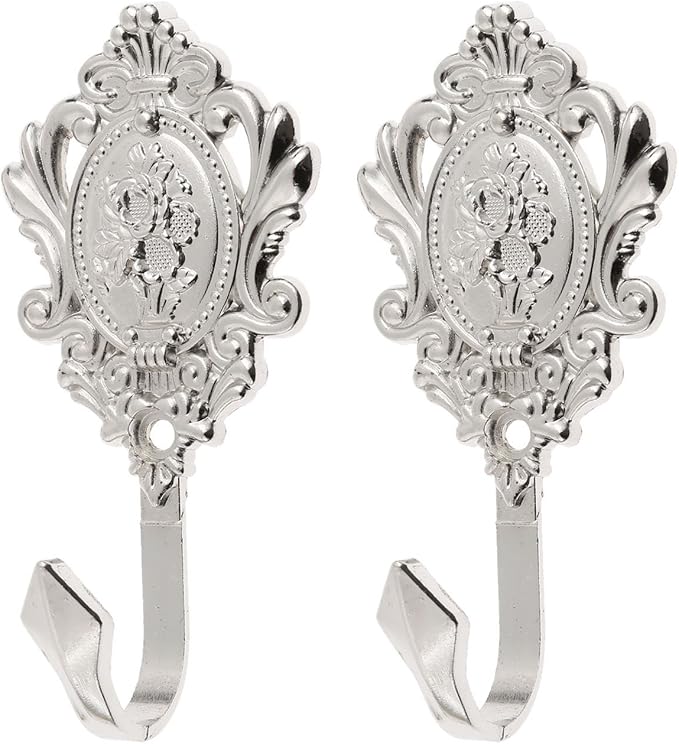 2Pcs Wall Hooks Silver Rose Pattern Carved Vintage Drapery Clothes Key Hook Bathroom Bedroom Multi-Function Decorative Hook with Screws